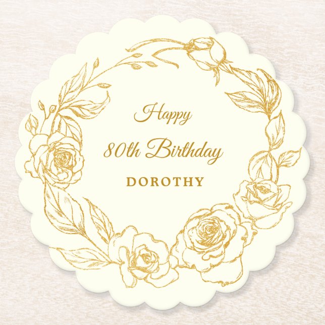 80th Birthday Party Gold Rose Ivory White Paper Coaster (Front)