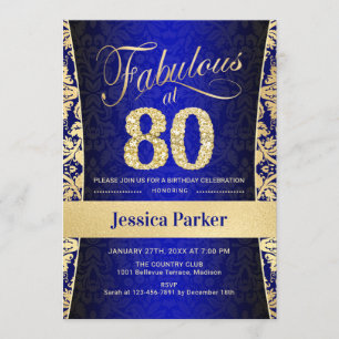 80th Birthday Party - Gold Royal Blue Invitation