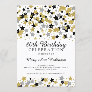 80th Birthday Party Gold Silver Glitter Stars Invitation