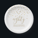80th Birthday Party Gold Triangle Confetti White Paper Plate<br><div class="desc">Help her celebrate her 80th birthday in style with this simple but elegant design, featuring faux gold foil triangular confetti sifting down on the word "eighty" in gold handwriting font on a white background. Personalise it with the name of the honoree in gold sans serif font, along with the occasion...</div>