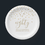 80th Birthday Party Gold Triangle Confetti White Paper Plate<br><div class="desc">Help her celebrate her 80th birthday in style with this simple but elegant design, featuring faux gold foil triangular confetti sifting down on the word "eighty" in gold handwriting font on a white background. Personalise it with the name of the honoree in gold sans serif font, along with the occasion...</div>