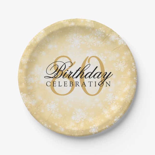 80th Birthday Party Gold Winter Wonderland Paper Plate (Front)