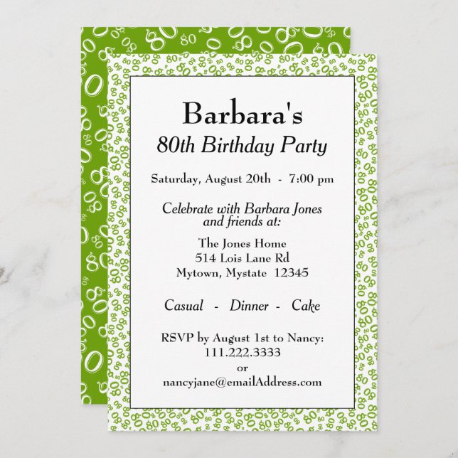 80th Birthday Party Green and White Number Pattern Invitation (Front/Back)