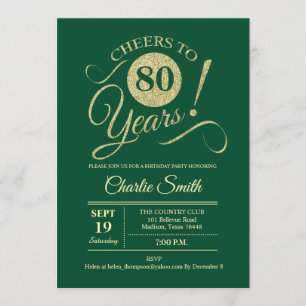80th Birthday Party - Green Gold Invitation