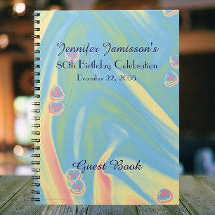 80th Birthday Party Guest Book, Blue with Hearts  Notebook