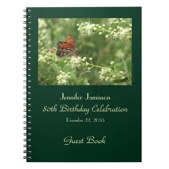 80th Birthday Party Guest Book, Orange Butterfly Notebook (Front)
