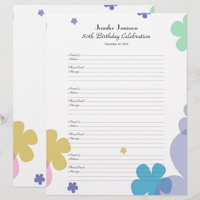 80th Birthday Party Guest Book Sign-In Page (Front/Back)