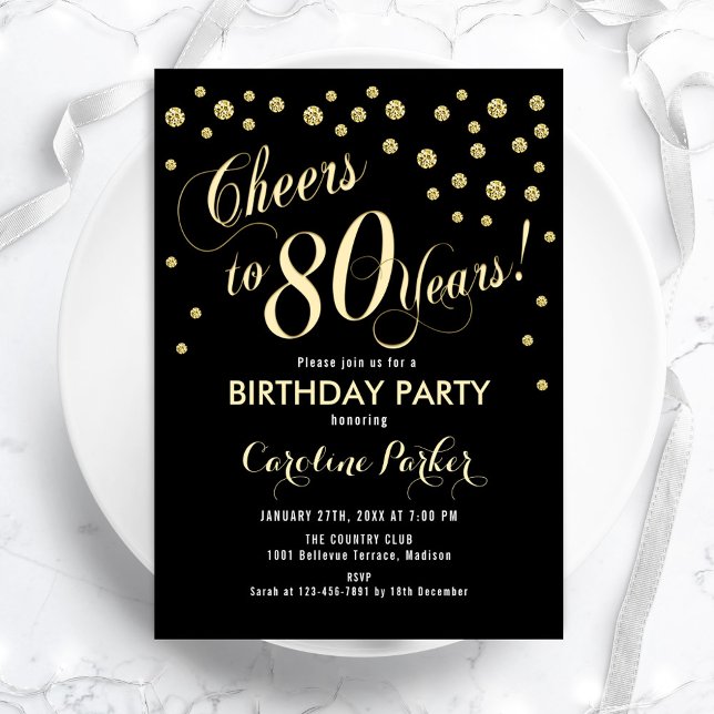 80th Birthday Party Invitation - Gold Black (Creator Uploaded)