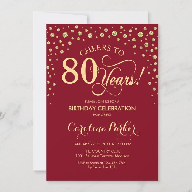 80th Birthday Party Invitation - Gold Red (Front)