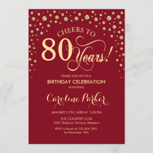 80th Birthday Party Invitation - Gold Red