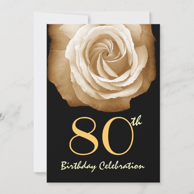 80th Birthday Party Invitation GOLD Rose  (Front)