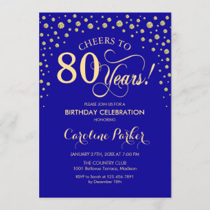 80th Birthday Party Invitation - Gold Royal Blue