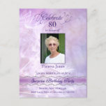 80th Birthday Party Invitation Postcard<br><div class="desc">Our 80th Birthday Party Photo Invitation Postcards were for a surprise birthday party for my mother when she turned 80 years old. The Eightieth Birthday Invitations have a beautiful light pastel purple background with a white silhouette of dandelion flowers. The calligraphy was done in a deep purple glitter and has...</div>