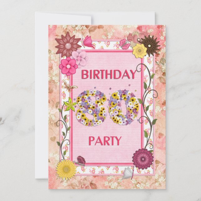 80th birthday party invitation with floral frame (Front)