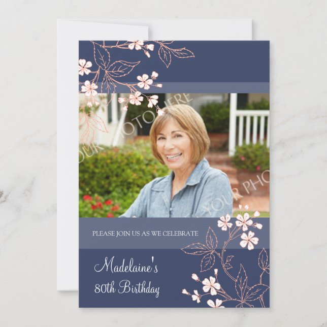 80th BIrthday Party Invitations Blue Coral Flowers (Front)