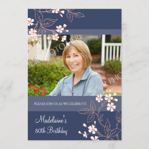 80th BIrthday Party Invitations Blue Coral Flowers