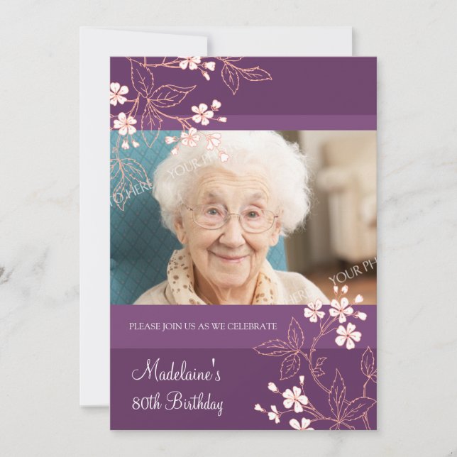 80th BIrthday Party Invitations Plum Coral Flowers (Front)
