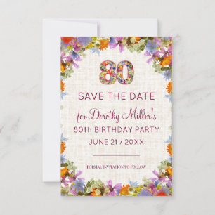 80th Birthday Party – Linen Bright Floral Design Save The Date