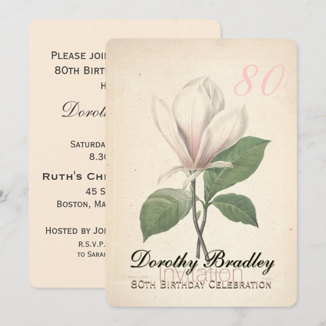 80th Birthday Party Magnolia Custom Invitation (Front/Back)