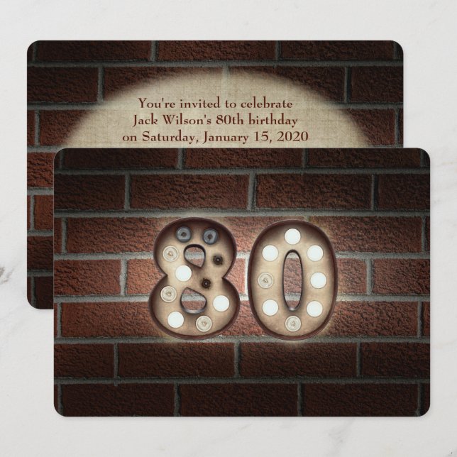 80th Birthday Party-marquee lights on brick Invitation (Front/Back)