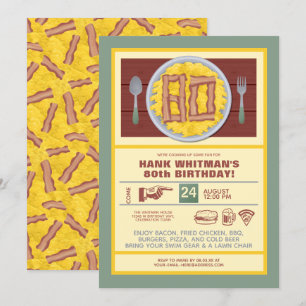 80th Birthday Party Mens Funny Bacon Eggs Theme Invitation
