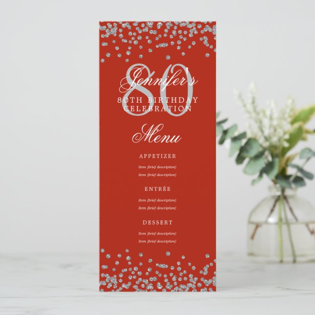 80th Birthday Party Menu Silver Confetti Red  Invitation (Standing Front)