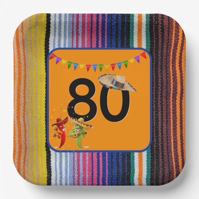 80th Birthday Party Mexican Design Paper Plate (Front)