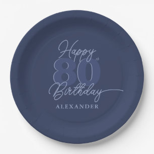 80th Birthday Party Modern Minimal Navy Paper Plate