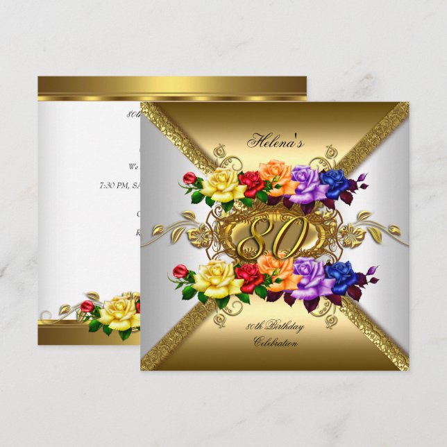 80th Birthday Party Multi Colour Gold Roses Invitation (Front/Back)
