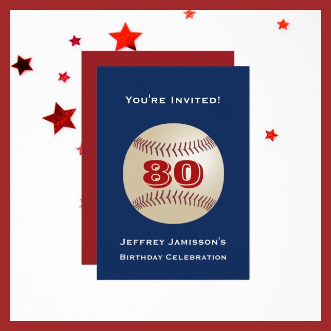 80th Birthday Party, Name, Baseball Blue and Red Invitation (Creator Uploaded)