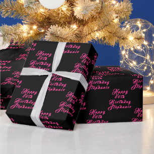 80th Birthday Party Name Black Pink Modern Pattern Wrapping Paper