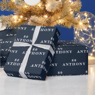 80th Birthday Party Name Navy Blue Modern Pattern Wrapping Paper