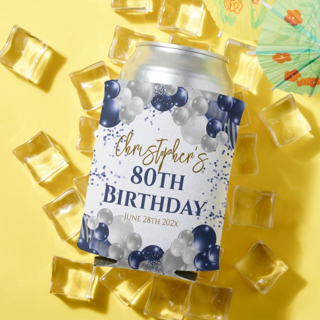 80th Birthday Party Navy Balloons Can Cooler (In Situ Summer)