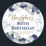 80th Birthday Party Navy Balloons Classic Round Sticker<br><div class="desc">A gorgeous 80th birthday party or celebration favour sticker. This fabulous navy blue and silver balloons design is the perfect  way to decorate your favour bags for an 80th celebration or eightieth party.</div>