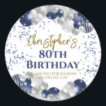 80th Birthday Party Navy Balloons Classic Round Sticker<br><div class="desc">A gorgeous 80th birthday party or celebration favour sticker. This fabulous navy blue and silver balloons design is the perfect  way to decorate your favour bags for an 80th celebration or eightieth party.</div>