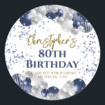 80th Birthday Party Navy Balloons Classic Round Sticker<br><div class="desc">A gorgeous 80th birthday party or celebration favour sticker. This fabulous navy blue and silver balloons design is the perfect  way to decorate your favour bags for an 80th celebration or eightieth party.</div>