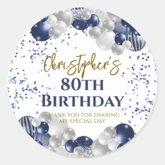80th Birthday Party Navy Balloons Classic Round Sticker