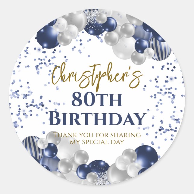 80th Birthday Party Navy Balloons Classic Round Sticker (Front)