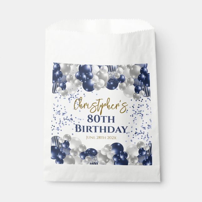 80th Birthday Party Navy Balloons Favour Bags (Front)