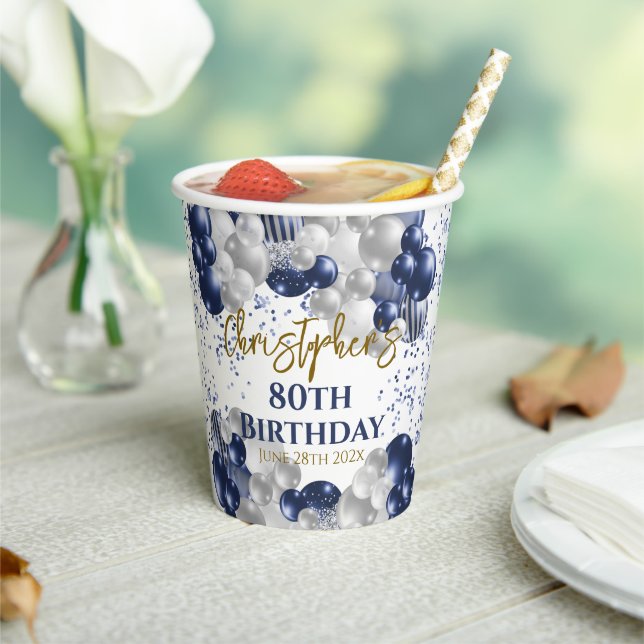 80th Birthday Party Navy Balloons Paper Cups (Insitu)