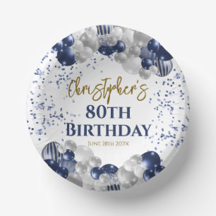 80th Birthday Party Navy Balloons Paper Plate