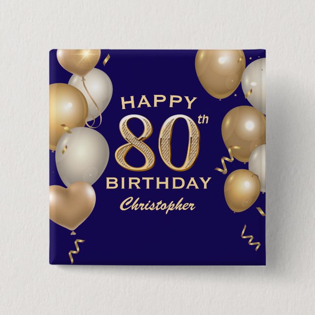 80th Birthday Party Navy Blue and Gold Balloons 15 Cm Square Badge (Front)