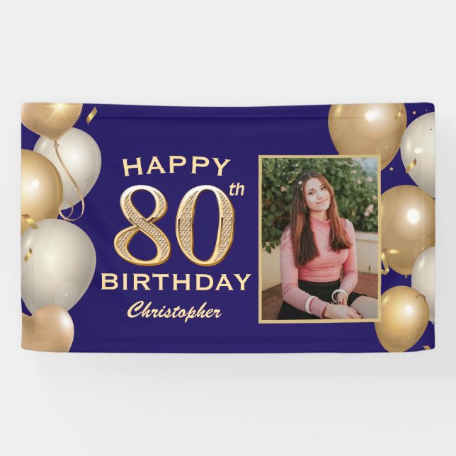 80th Birthday Party Navy Blue and Gold Balloons Banner (Horizontal)