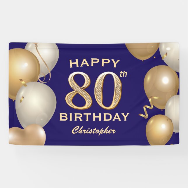 80th Birthday Party Navy Blue and Gold Balloons Banner (Horizontal)