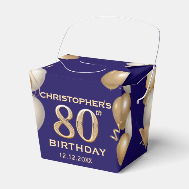 80th Birthday Party Navy Blue and Gold Balloons Favour Box (Front Side)