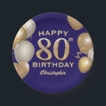 80th Birthday Party Navy Blue and Gold Balloons Paper Plate<br><div class="desc">80th Birthday Party Navy Blue and Gold Balloons and Confetti Paper Plates. For further customisation,  please click the "Customise it" button and use our design tool to modify this template.</div>
