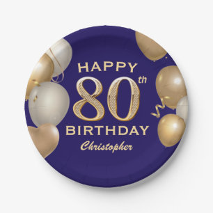 80th Birthday Party Navy Blue and Gold Balloons Paper Plate