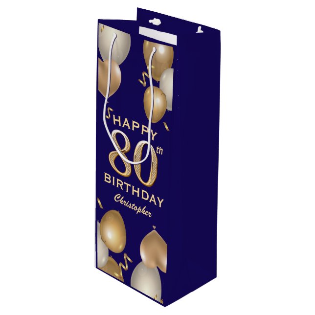 80th Birthday Party Navy Blue and Gold Balloons Wine Gift Bag (Front Angled)