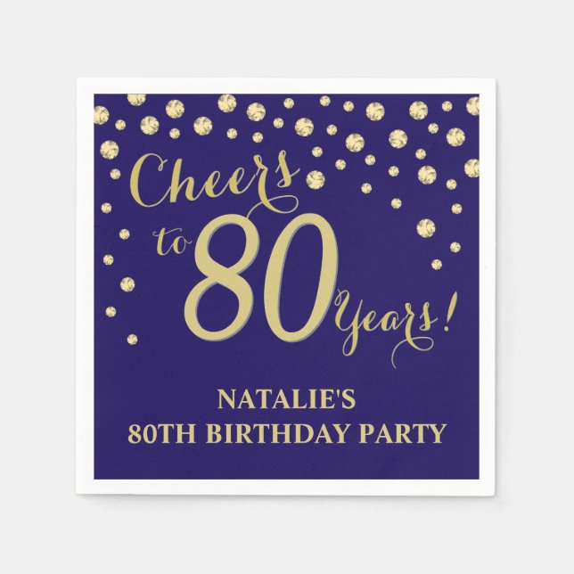 80th Birthday Party Navy Blue and Gold Diamond Napkin (Front)