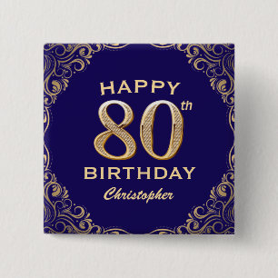 80th Birthday Party Navy Blue and Gold Glitter 15 Cm Square Badge